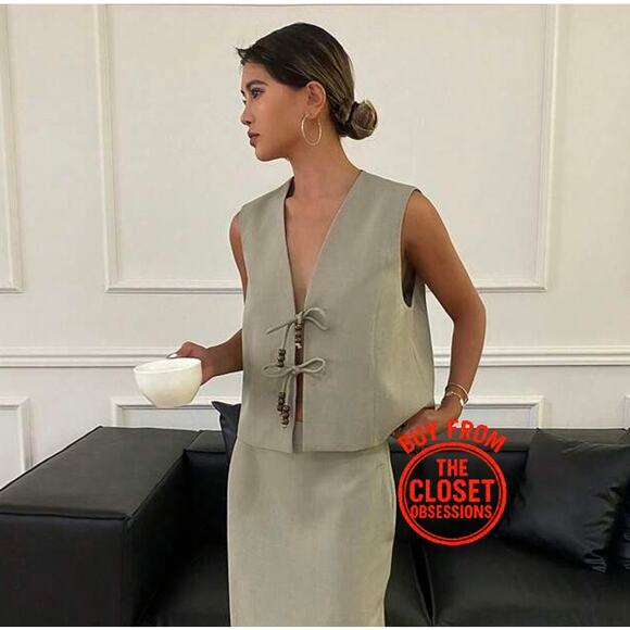 ZARA Sleeveless Linen Vest NWT | Beige Beaded Tie-Front Top Size L - Picture 13 of 16